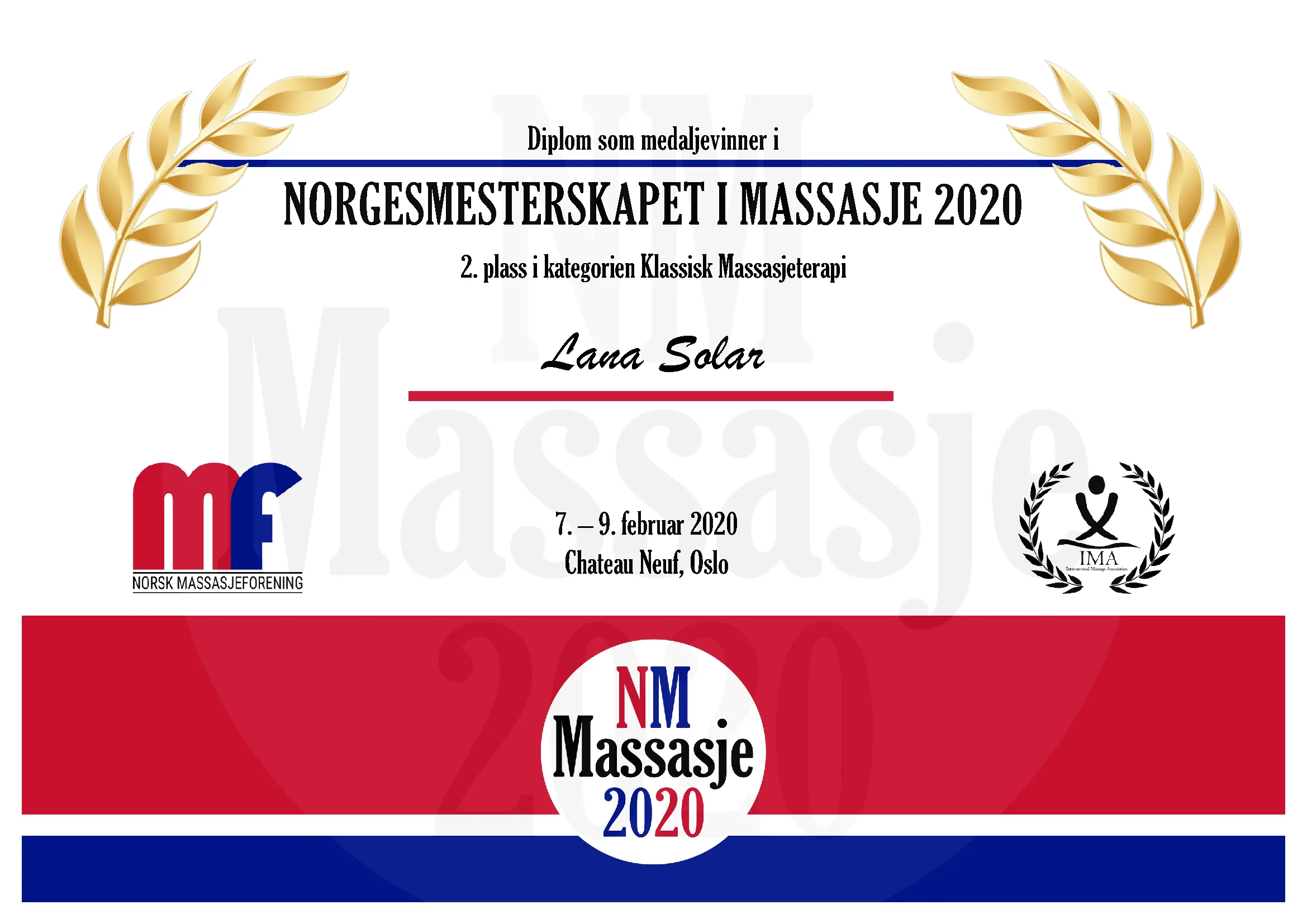 Diplom: Lana Solar, 2. plass i klassisk massasjeterapi, NM i massasje 2020