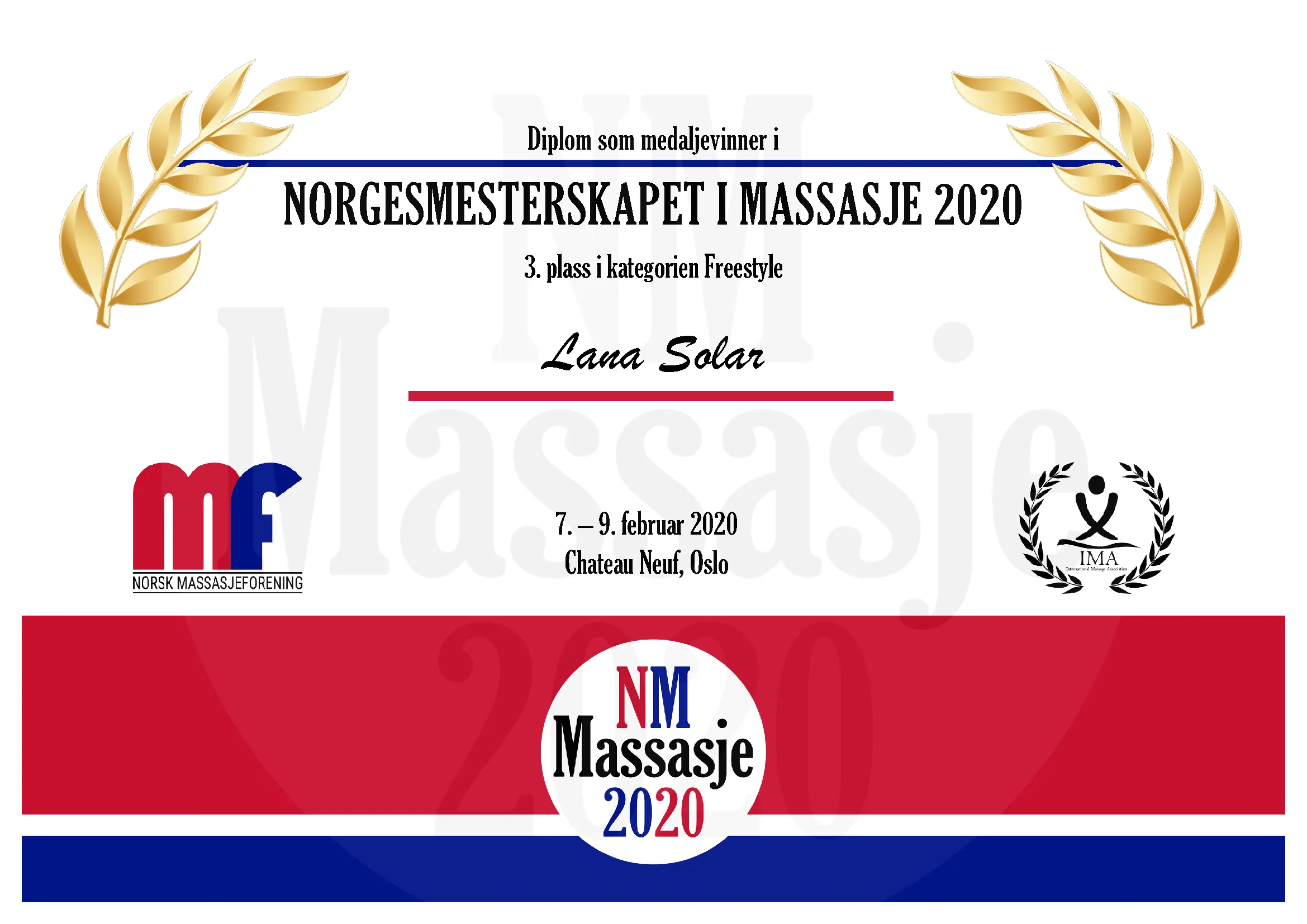 Diplom: Lana Solar, 3. plass i freestyle, NM i massasje 2020